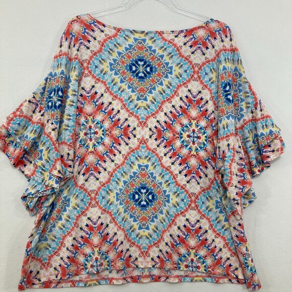 Ruby Rd. size XL Red Blue Artsy Boho Print Flare Sleeve Stretch Knit Relaxed Top - Picture 7 of 8